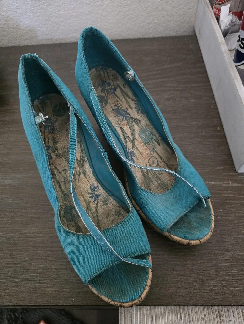Teal Peep-Toe Wedge Sandals with Teal Strap, well Worn